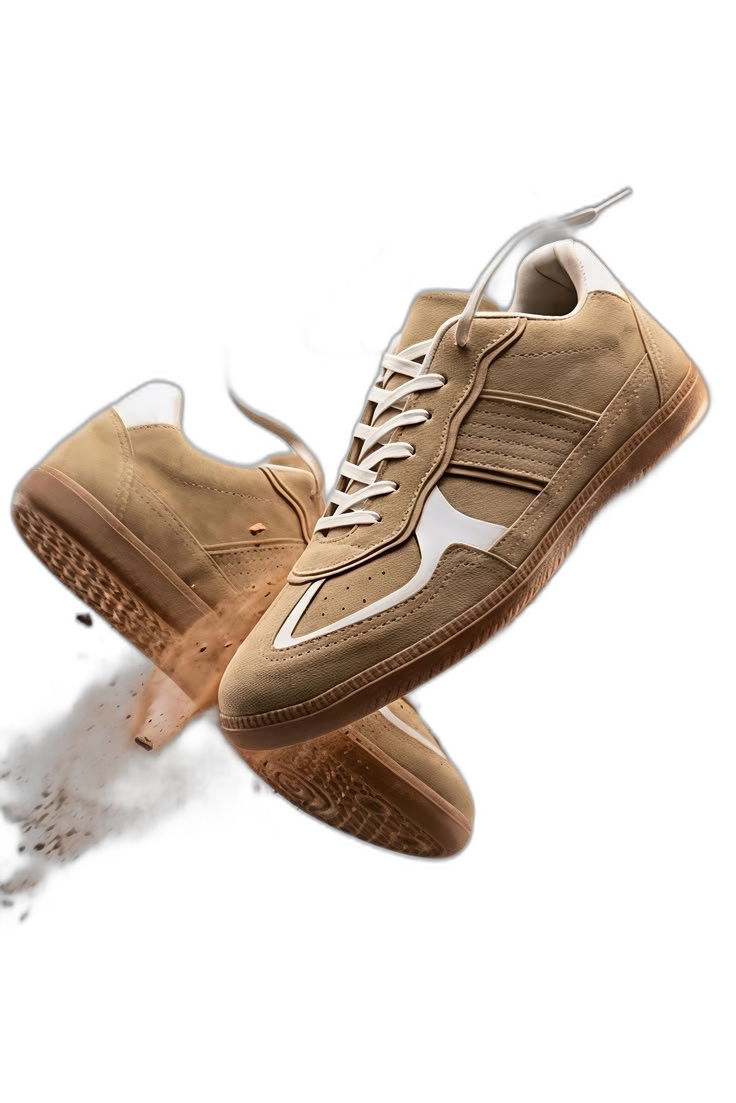 Camel sneakers with dust burst, dynamic product shot
